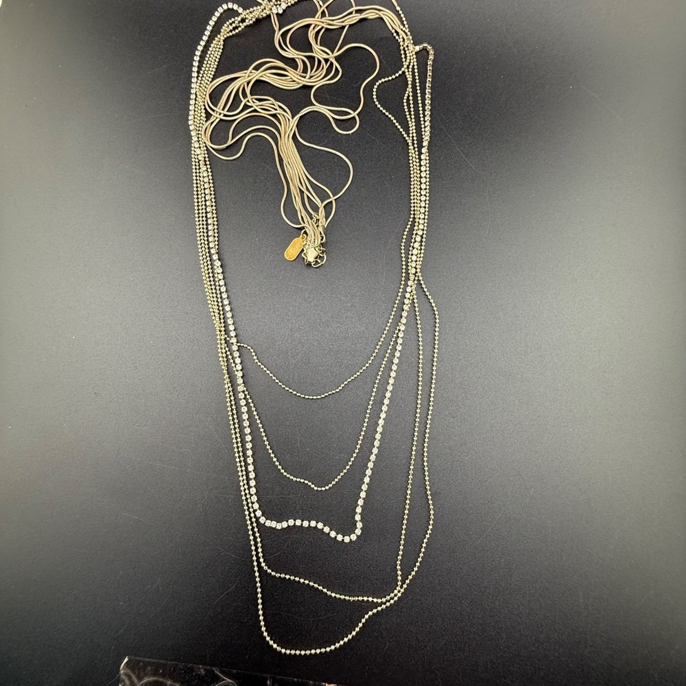 Lisa Freede Layered Necklace Gold Tone Rhinestone Tassel Chain 40in